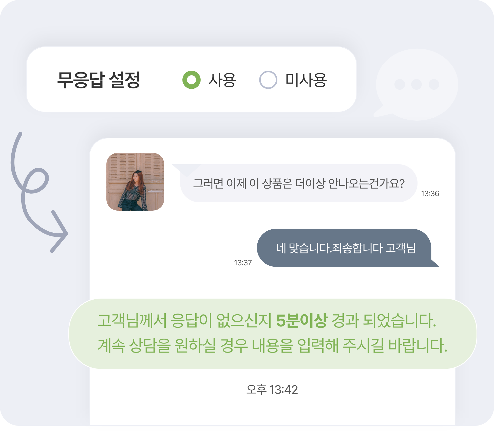 무응답 설정 사용으로 고객이 무응답시 5분경과 자동 안내 메세지